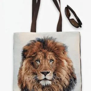 Cabas en jacquard lion et denim recyclé fait main en France sac artisanal unique