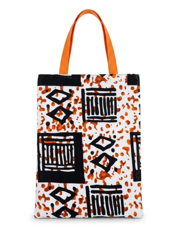 Tote bag réversible wax graphique noir blanc orange et camouflage militaire recyclé fait main en France