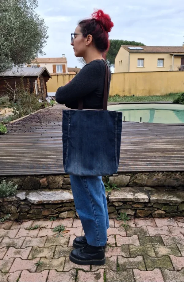 Tote bag XXL jacquard femme africaine et denim recyclé fait main en France cabas artisanal