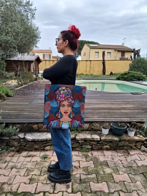Tote bag XXL jacquard femme africaine et denim recyclé fait main en France cabas artisanal