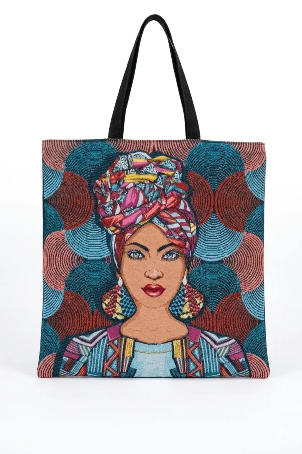 Tote bag XXL jacquard femme africaine et denim recyclé fait main en France cabas artisanal